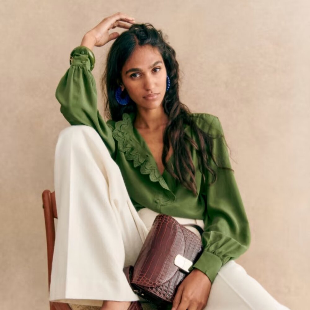 Sézane NWT Chlo Blouse in Olive Green Size 40/US 8 - Picture 2 of 4